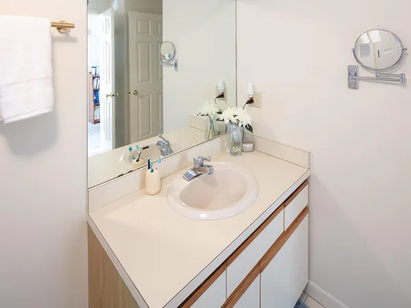 a bathroom with a sink and a mirror