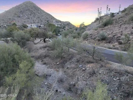 a view of a dry yard with mountains in the background