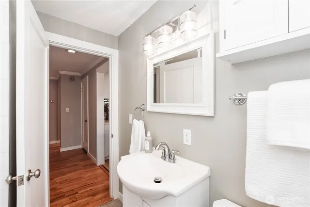 a bathroom with a sink a mirror and wooden floor