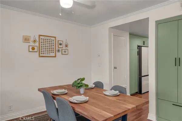 a view of a dining room with furniture