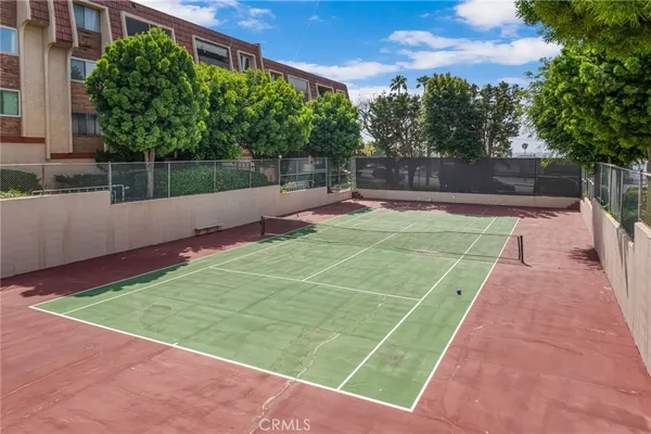 a view of a tennis court with a large tree in the background