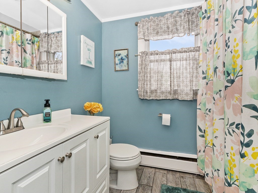 237 Linden Street Waltham, MA 02452 - Photo 27 of 33 a bathroom with a sink a toilet and shower curtain