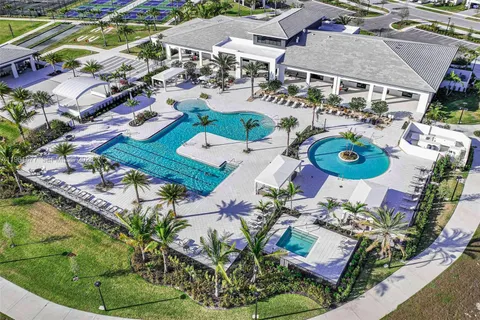 a view of a swimming pool with a lawn chairs and palm tree