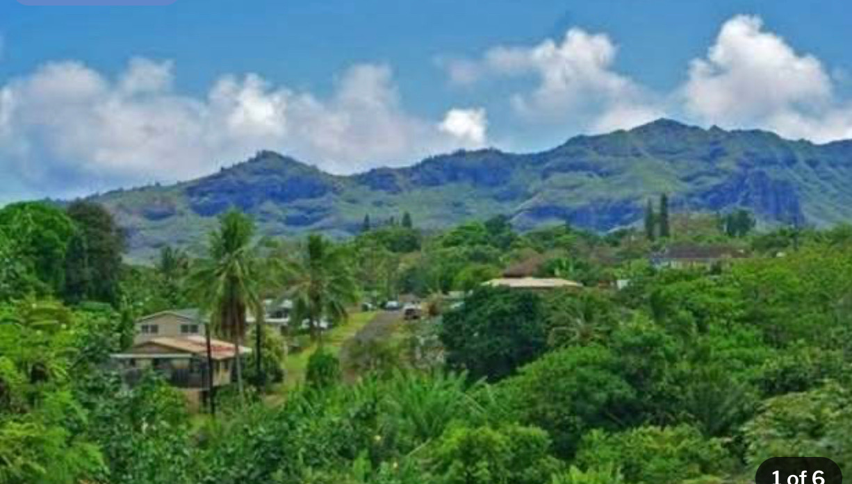 a view of a lush green hillside and a building