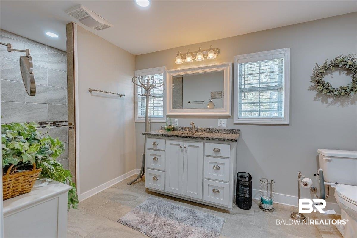 14160 Moffett Road Wilmer, AL 36587 - Photo 24 of 75 Full bath featuring visible vents, baseboards, toilet, recessed lighting, and vanity