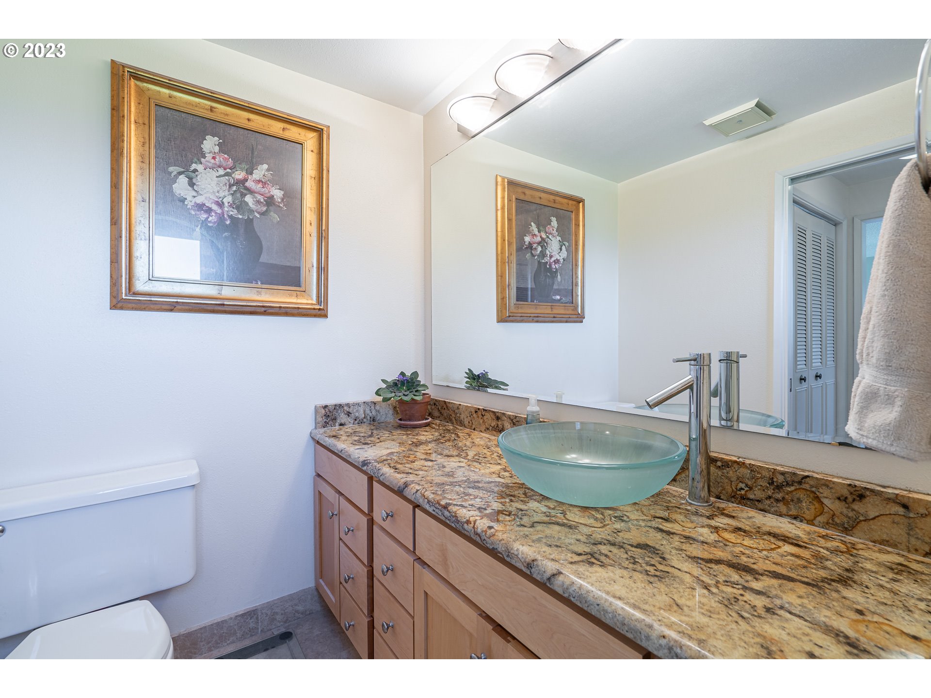 28171 Clear Lake Road Eugene, OR 97402 - Photo 17 of 48 a bathroom with a granite countertop sink a toilet and mirror