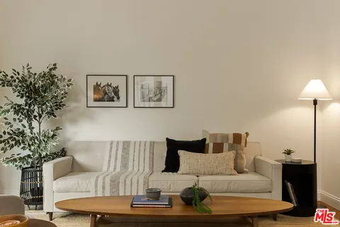 a living room with furniture and a potted plant