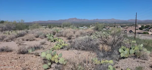 a view of a town with mountains in the background