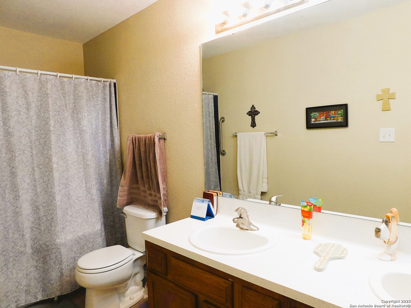 525 Cherry Ridge Floresville, TX 78114 - Photo 21 of 35 a bathroom with a sink a toilet and a mirror