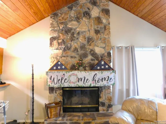 a outdoor space with a fireplace