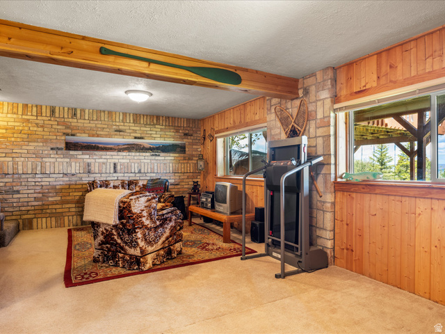 371 Lewis Loop, Unit 29 Fish Haven, ID 83287 - Photo 35 of 40 Carpeted room featuring brick accent walls, wood paneling, wood-finish ceiling beam, and windows overlooking exterior scenery