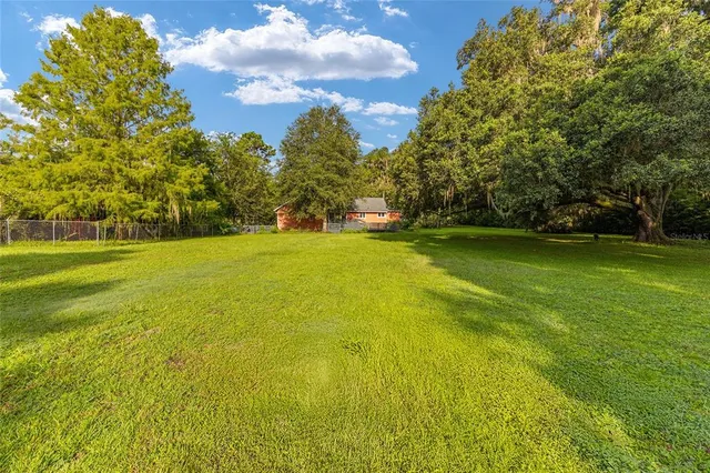a backyard of a house with lots of green space and trees all around