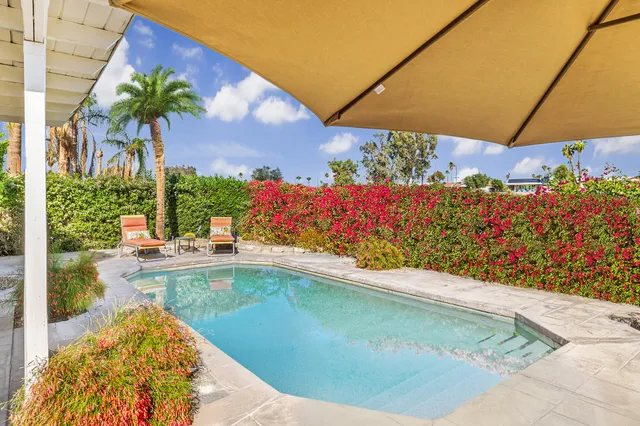 a view of a swimming pool with a yard