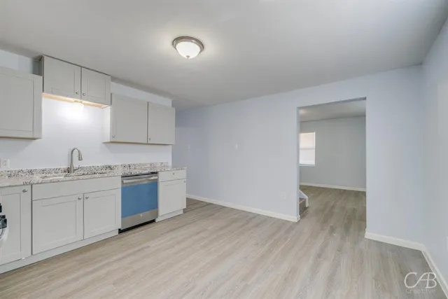 a view of a kitchen with sink and dishwasher with wooden floor