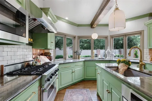a kitchen with lots of counter top space