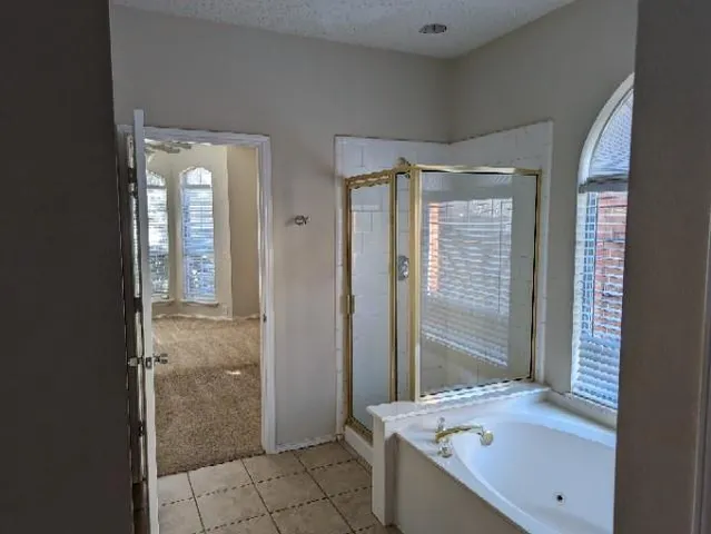 a bathroom with a tub sink and mirror