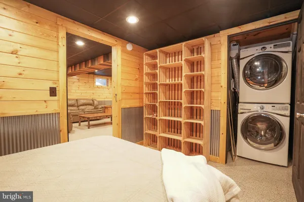 a ceiling room with furniture