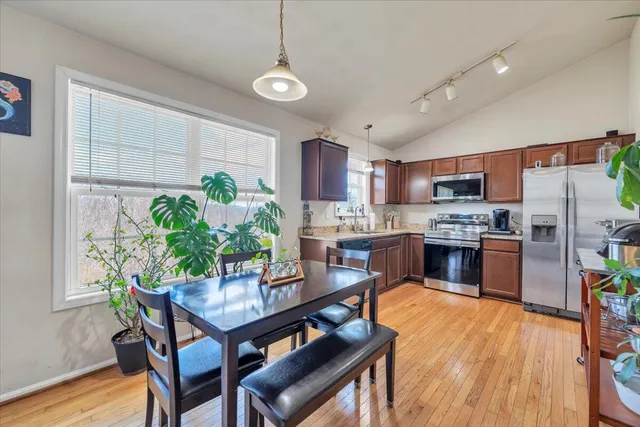 a living room with furniture a fireplace and a potted plant