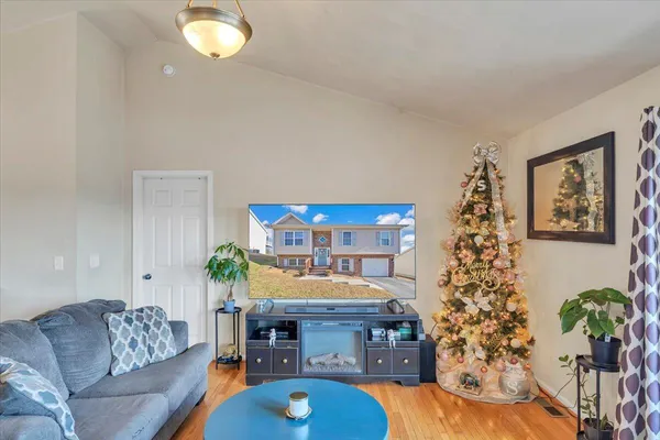 a living room with furniture kitchen view and a potted plant