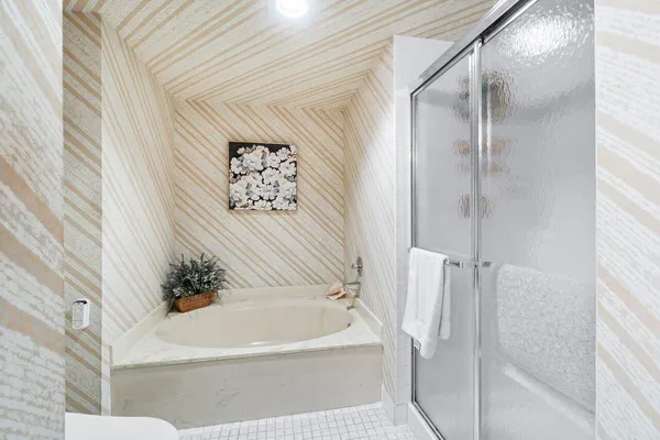 a bathroom with a bathtub and a shower