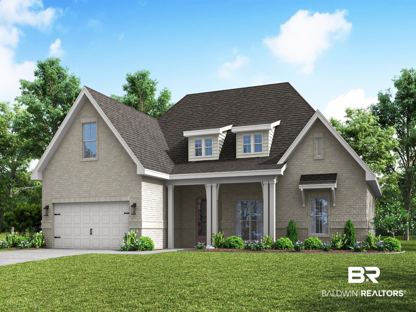 12943 Gondala Street Elberta, AL 36530 - Photo 1 of 23 View of front of home with a front yard, roof with shingles, covered porch, and brick siding