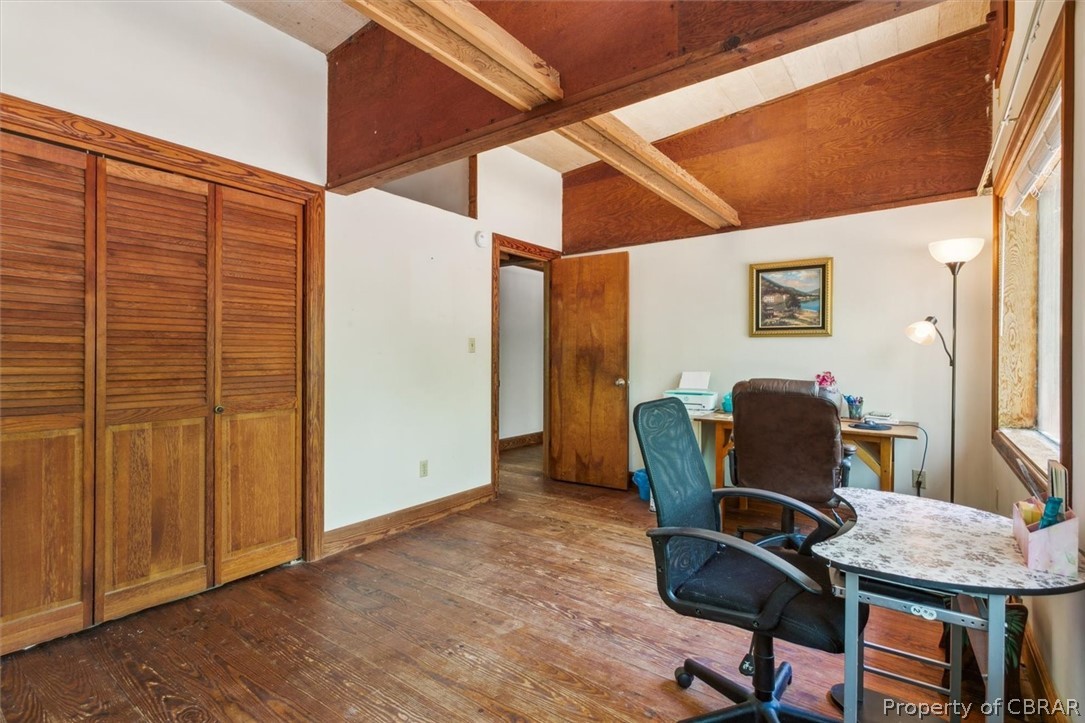 4544 Piney Swamp Road Hayes, VA 23072 - Photo 33 of 48 Home office featuring lofted ceiling with beams and wood-type flooring