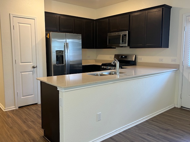 379 Geode Glen Maxwell, TX 78656 - Photo 4 of 12 Kitchen featuring a peninsula, dark wood-style flooring, a sink, light countertops, and appliances with stainless steel finishes
