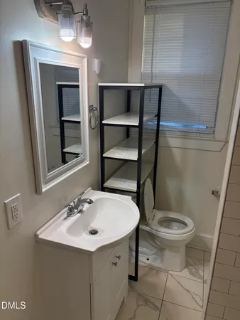 a bathroom with a sink toilet and mirror