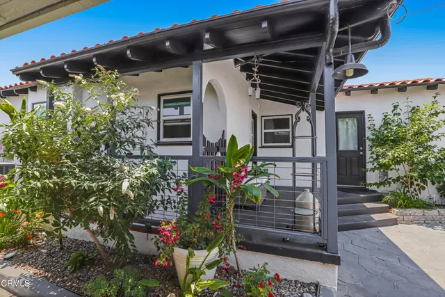 an aerial view of a house with garden