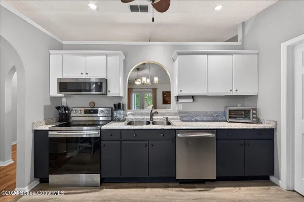 a view of a dining room with furniture