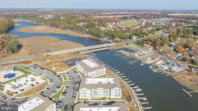 a view of a lake in middle of the town