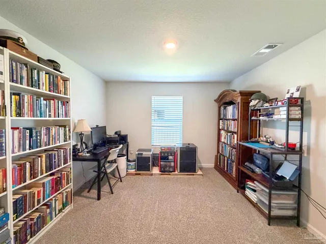 a bedroom with furniture and a book shelf