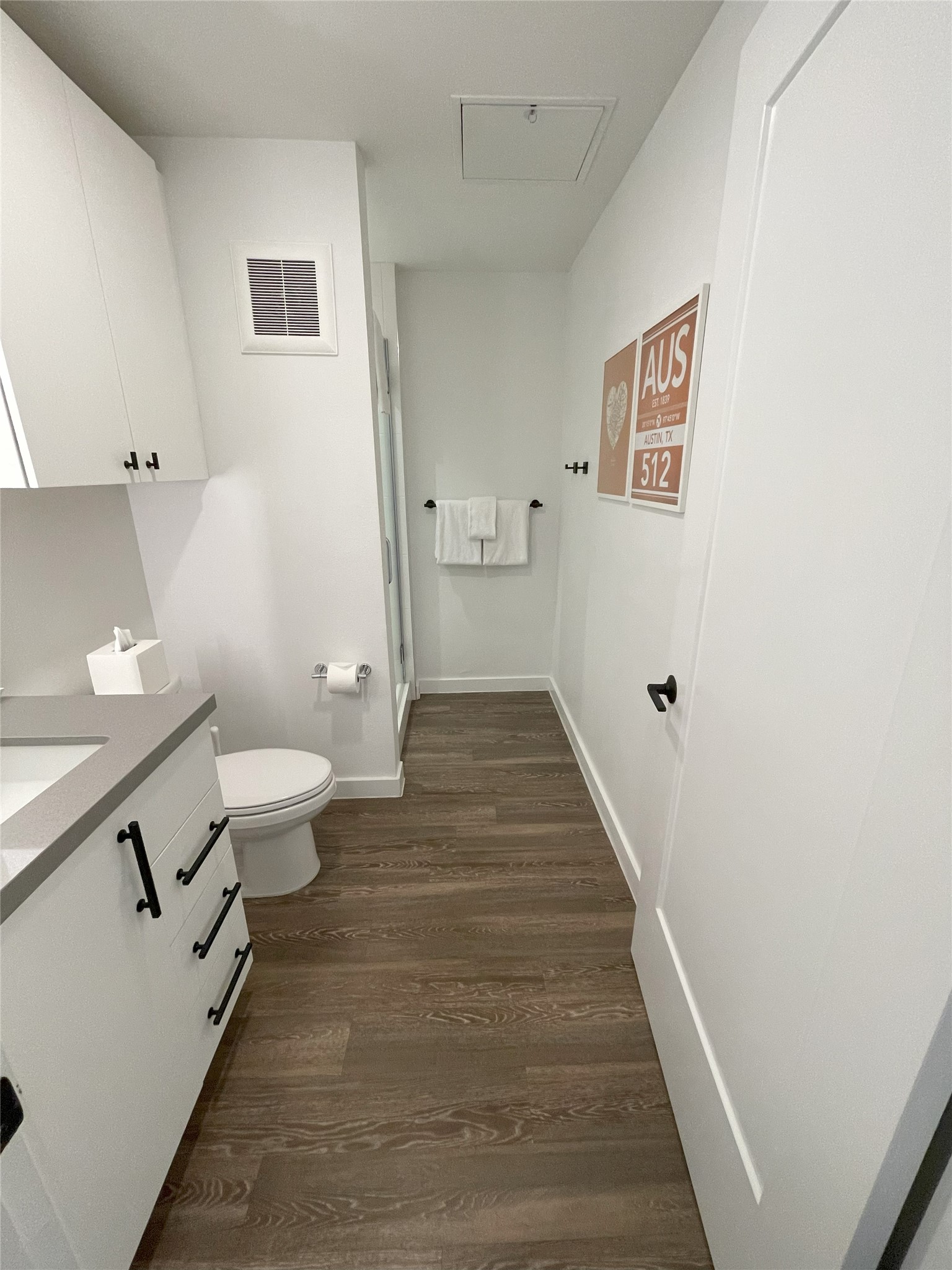 49 Navasota Street, Unit 201 Austin, TX 78702 - Photo 9 of 13 Full bath with vanity, dark wood finished floors, and a stall shower