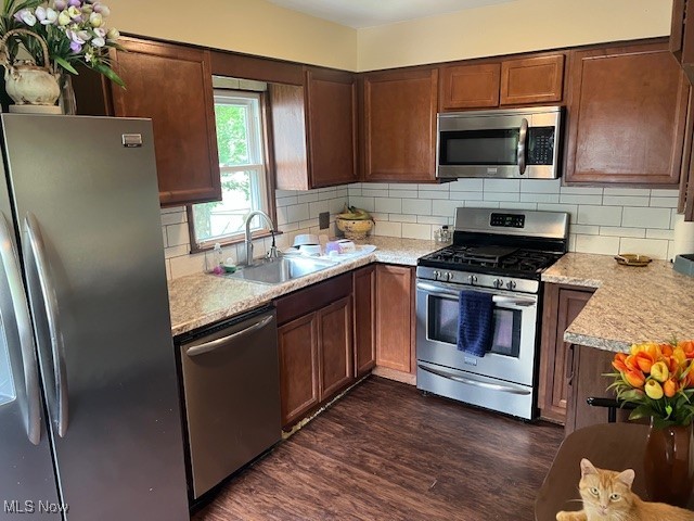 Kitchen featuring tasteful backsplash, sink, stainless steel appliances, and dark hardwood / wood-style flooring
