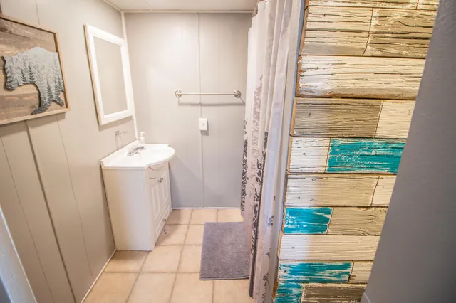 a bathroom with a sink a mirror and a shower