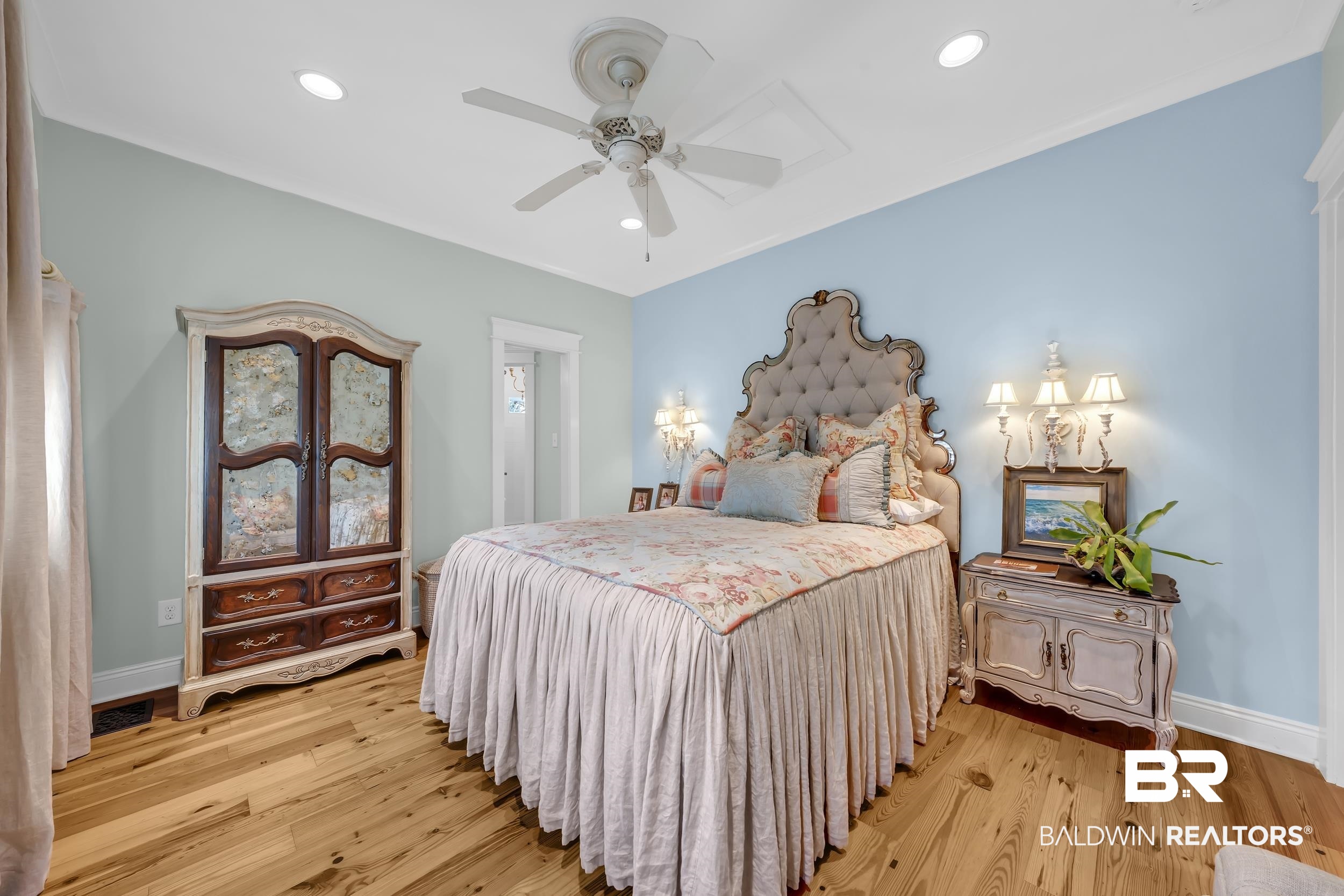12161 Jessamine Street Magnolia Springs, AL 36555 - Photo 39 of 70 Bedroom featuring recessed lighting, light wood-style floors, and a ceiling fan