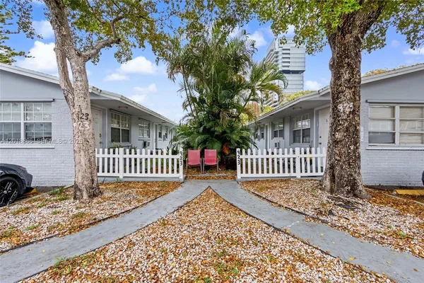 a view of a porch with a small yard and wooden fence