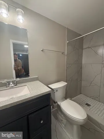 a bathroom with a sink a toilet a mirror and shower