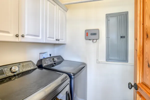 a view of a room with shelves