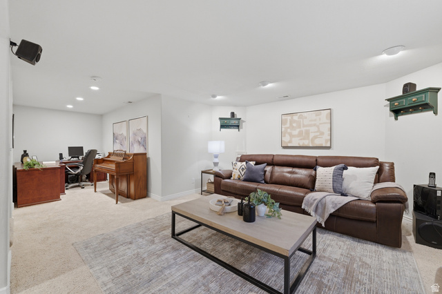 1888 East Cobblestone Road Springville, UT 84663 - Photo 36 of 44 Spacious recreation room featuring recessed lighting, light-toned carpet, and a dedicated office area with built-in cabinetry