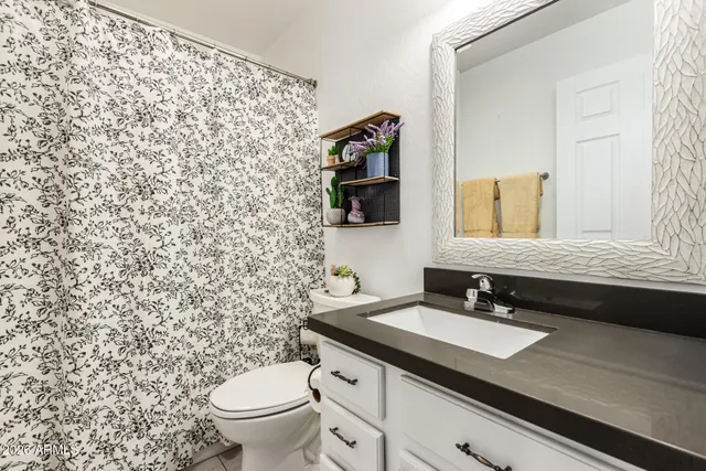 a bathroom with a granite countertop sink toilet and a mirror
