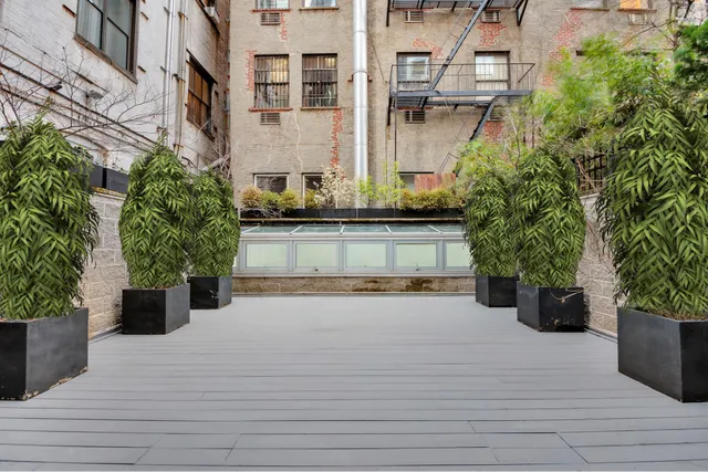 a view of a building with potted plants
