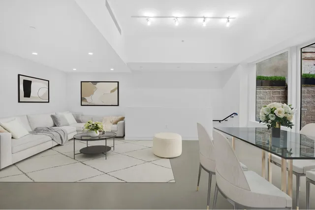 a living room with furniture and potted plant