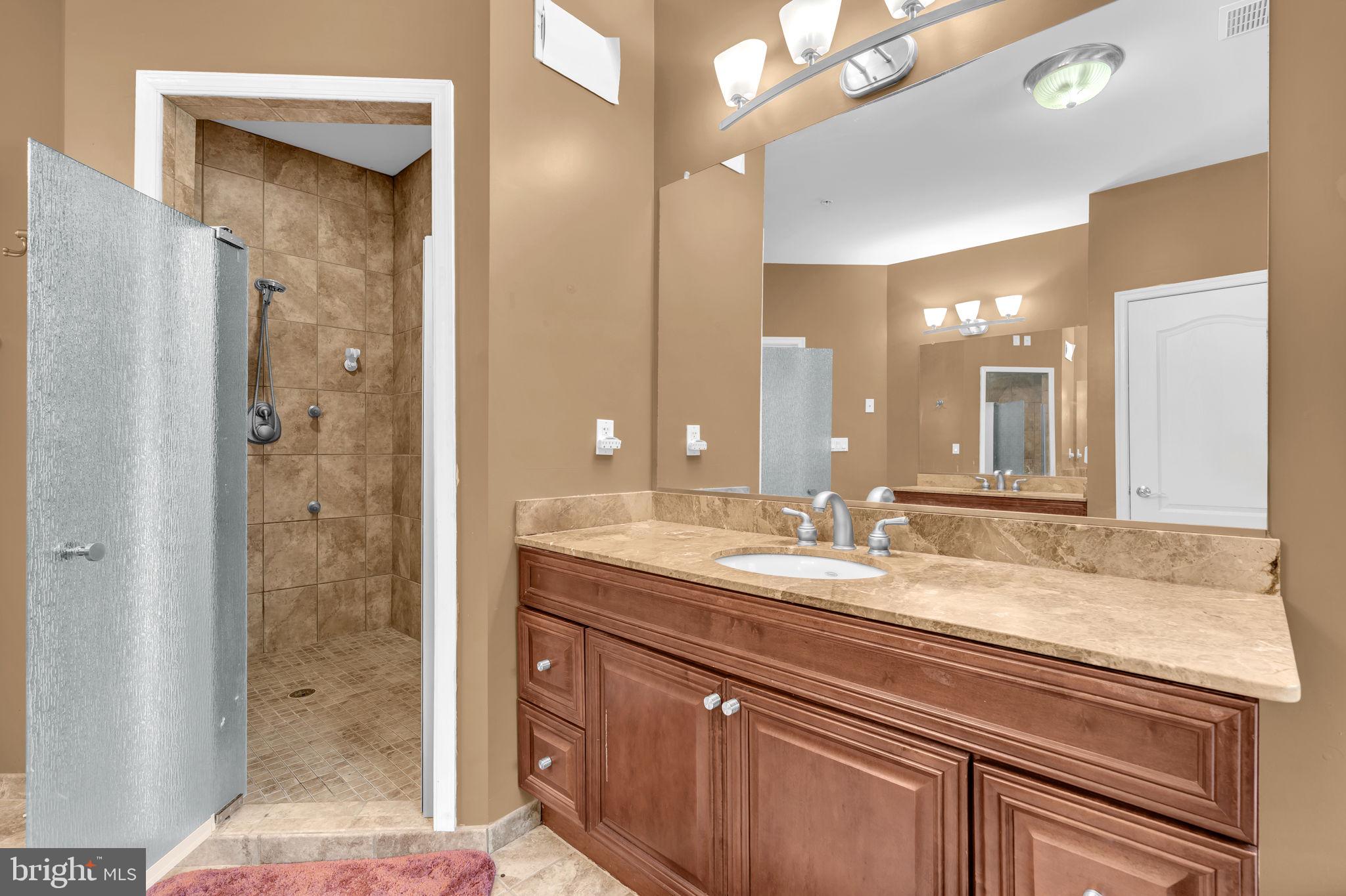 13716 Molly Berry Road Brandywine, MD 20613 - Photo 38 of 75 a bathroom with a granite countertop sink a mirror and a shower