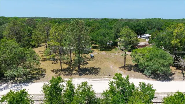 an aerial view of residential house with outdoor space and trees all around