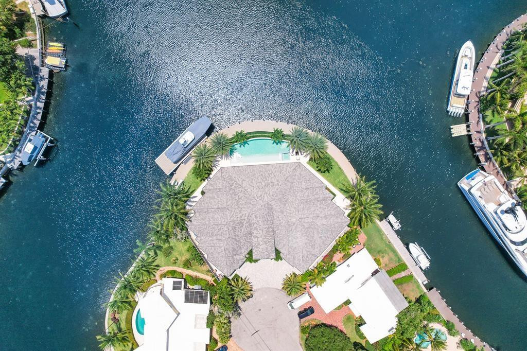 an aerial view of a swimming pool