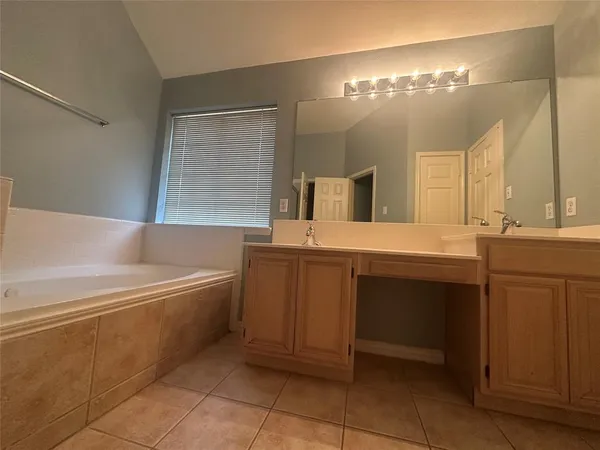 a bathroom with a tub a sink and mirror