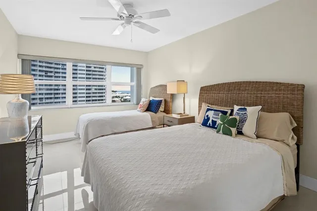a bedroom with two beds and painting on the wall