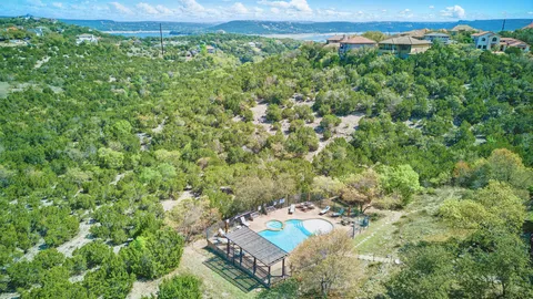 a view of a large yard with plants and large trees