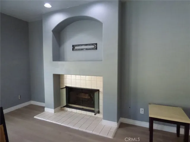 a living room with a fireplace